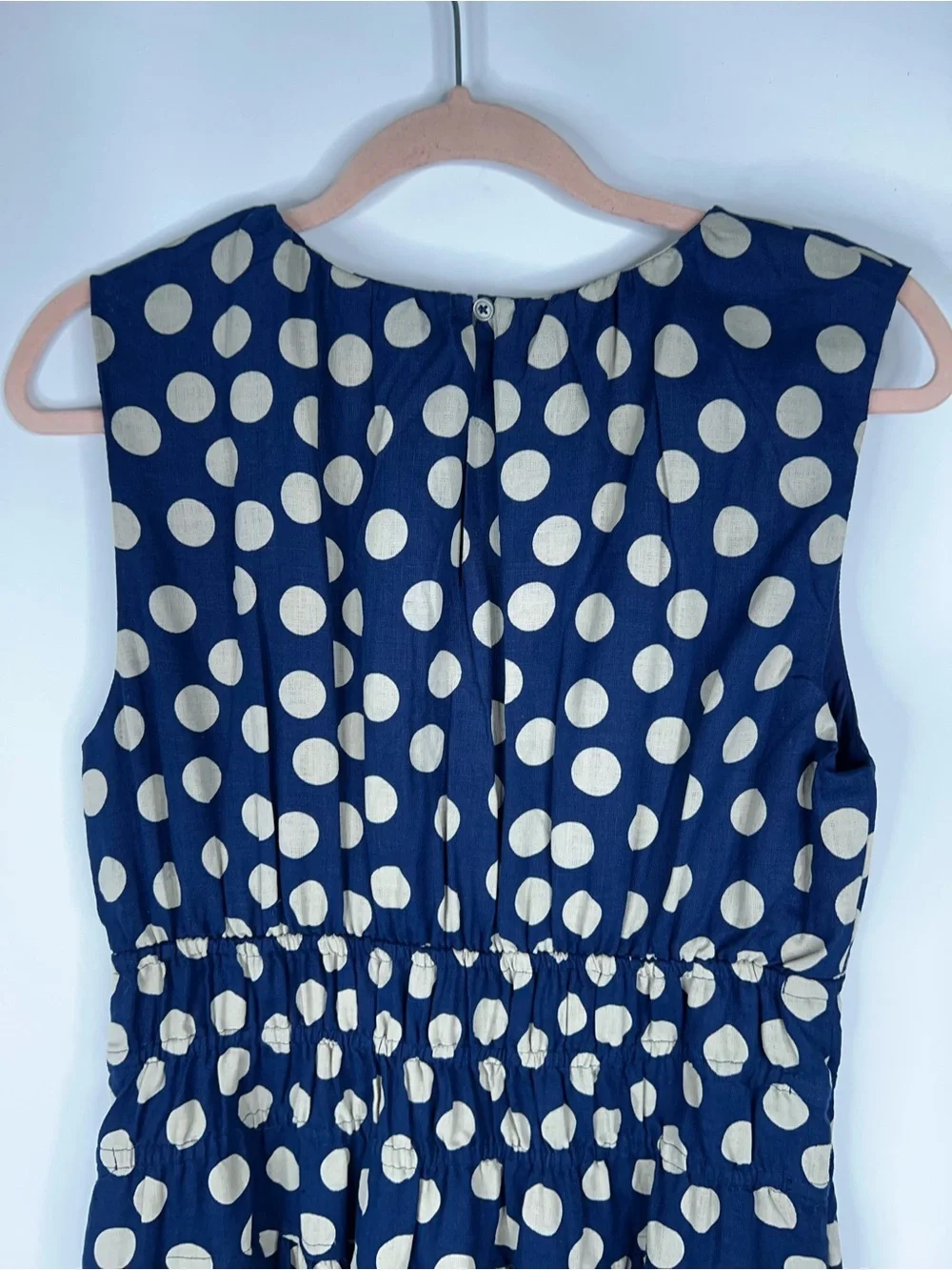 J Crew Navy Polka Dot Sleeveless Midi Dress Smocked Waist Linen New Size Small